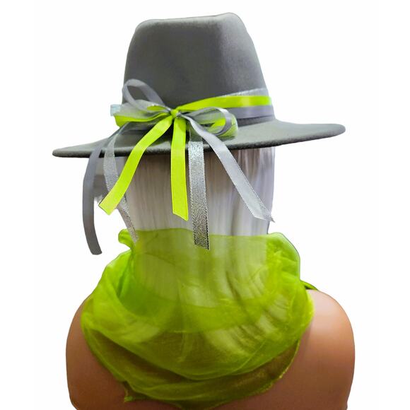 Fedora Hat Gray Women with Gray, Lime & Silver Band along with Small Lime Scarf - Picture 1 of 5